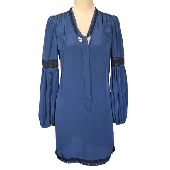 Joie Boho Silk Shift Mini Dress Sz.S Blue Lace Tie Neck Bell Sleeve Whimsigoth - Picture 1 of 14